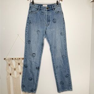 Rollas Denim Jeans Classic Straight Blue with Smiley Face Stamped Print: